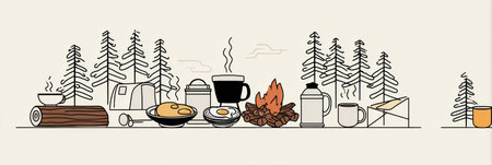Enjoy a cozy breakfast featuring coffee and eggs cooked over a campfire, surrounded by serene trees and the outdoors at dawn.の素材