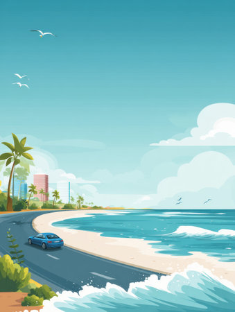 A car travels along a picturesque coastal road, bordered by gentle waves and seagulls under a clear blue sky. Palm trees sway in the breeze.の素材