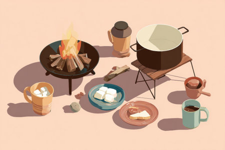 Embers glow in a fire pit as coffee brews, surrounded by simple breakfast items in a serene campsite, perfect for a tranquil morning experience.の素材