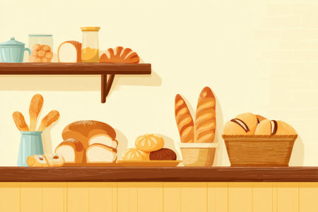 A bakery shelf showcases a variety of freshly baked breads and pastries, creating a cozy atmosphere that invites customers to indulge in delightful treats.の素材