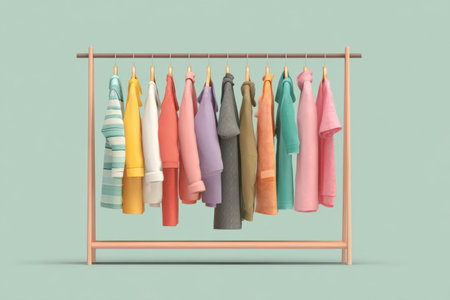 Clothing rack showcases a variety of colorful apparel neatly hung, creating an organized and stylish display that enhances modern decor.の素材