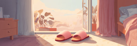 Sunlight streams into the inviting bedroom, illuminating soft slippers on the floor and framing a peaceful view of nature through the open window.の素材