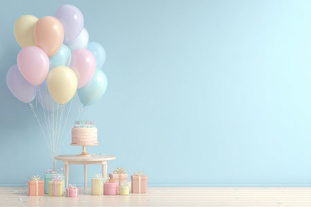 Bright colors create a festive birthday party setup with balloons, a delightful cake, and wrapped gifts arranged on a table, inviting celebration and joy.の素材