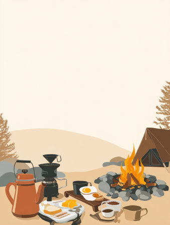 A relaxing campsite featuring a minimal breakfast setup with coffee, eggs, and toast near a crackling fire pit, surrounded by natures beauty.の素材