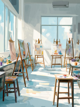 Multiple easels and art supplies fill a bright classroom, where students engage in painting under ample daylight streaming through large windows.の素材