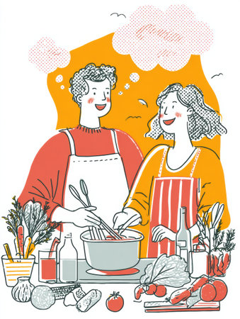 Couple shares a joyful cooking experience, surrounded by fresh vegetables and spices, creating a lively atmosphere filled with laughter and creativity.の素材