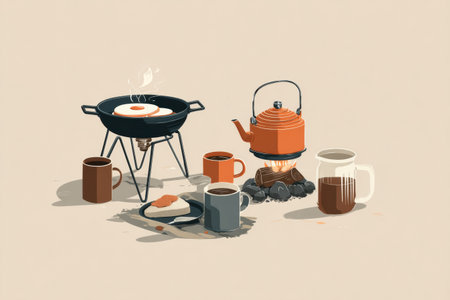 Enjoying a camping breakfast at dawn with a fire pit, coffee brewing, and a simple layout featuring eggs and cups, perfect for outdoor enthusiastsの素材