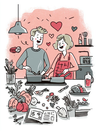 A joyful cooking session unfolds in a warm kitchen as a couple prepares a meal together, surrounded by fresh vegetables and laughter.の素材