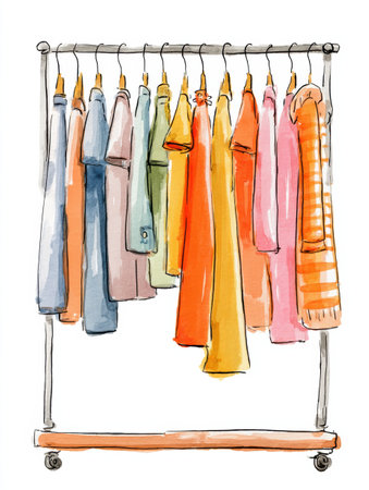 Colorful clothes neatly hung on a clothing rack, highlighting a variety of styles and fabrics in an organized and attractive arrangement.の素材
