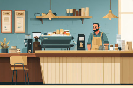 Barista stands at the coffee shop counter, skillfully working on an espresso machine while the counter remains tidy and inviting.の素材