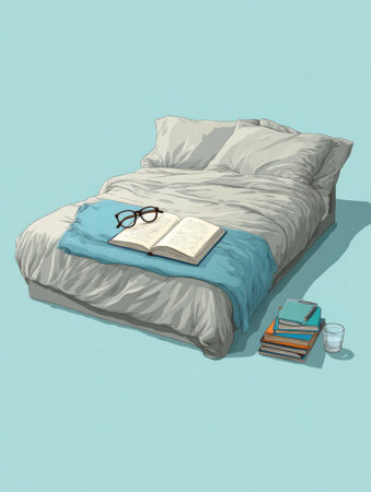 A cozy bed is made with soft linen, featuring reading glasses and an open book placed on top, inviting relaxation and leisurely reading moments.の素材