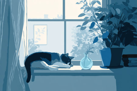 Softly lit room with a cat resting on a windowsill, surrounded by greenery and a vase, creating a tranquil setting during daylight hours.の素材