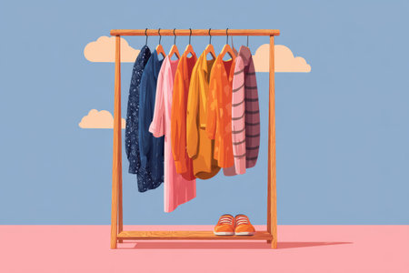 A clothing rack showcases a variety of neatly hung garments in vibrant colors against a calm blue background.の素材