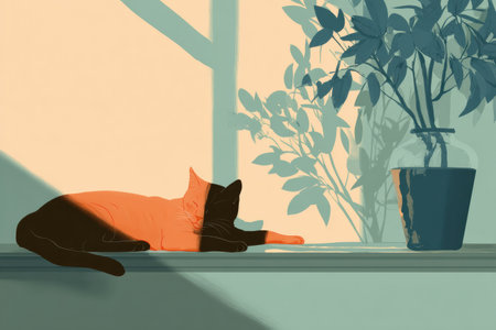 A cat relaxes in a warm sunbeam on a windowsill, enjoying the warmth while a nearby plant adds a touch of greenery to the tranquil setting.の素材
