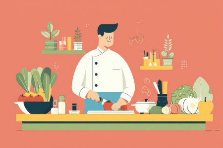 A chef is chopping vegetables at a well-organized cooking class, surrounded by fresh produce and kitchen tools. The atmosphere is lively and colorful.の素材