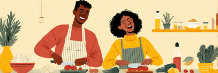 Couple enjoys preparing a meal in a vibrant kitchen, laughing and chopping fresh vegetables while surrounded by various ingredients at midday.の素材