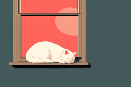 A cat peacefully sleeps on a windowsill, basking in the warm sunlight, with a minimalistic backdrop that enhances the serene atmosphere.の素材