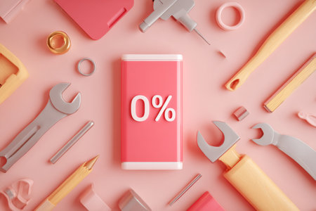 Battery icon reads zero percent while various tools are arranged around it, highlighting the importance of power and readiness in a workspace environment.の素材