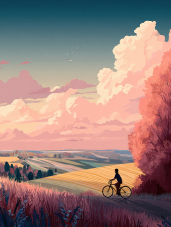 A cyclist enjoys a peaceful ride in the countryside during golden hour, surrounded by rolling fields and colorful clouds in the evening sky.の素材