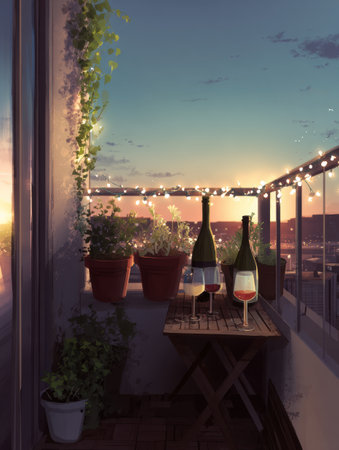 Warm sunset glow illuminates a cozy balcony adorned with fairy lights, where two glasses and bottles sit on a wooden table surrounded by potted plants.の素材