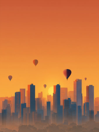 Hot air balloons ascend into the sky above a bustling city skyline as the sun rises, casting warm colors across the buildings and horizon.の素材