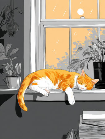 A cat rests comfortably on a windowsill, enjoying the warm sunset glow and surrounded by simple houseplants, creating a cozy atmosphere.の素材