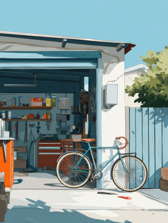 A bright garage bike repair corner has organized tools and a bicycle, inviting hands-on maintenance in a sunny space.の素材
