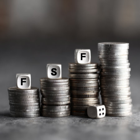 Coin stacks of various heights are topped with letter dice showing F and S, highlighting a budgeting theme.の素材