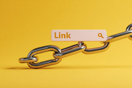 A broken link chain hangs from a URL bar against a vibrant yellow backdrop, representing the concept of disrupted web connections and online errors.の素材