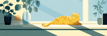 A yellow cat relaxes in a sunbeam on a windowsill, enjoying a tranquil afternoon while surrounded by various houseplants and soft light.の素材