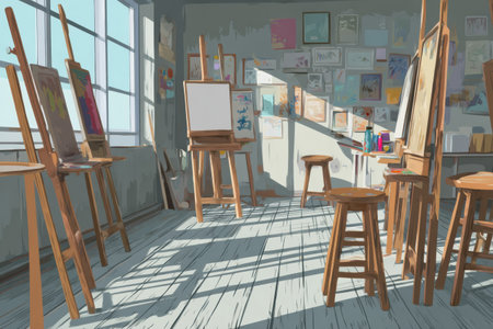 Art students in gather a bright space arranged with easels and scattered paints, illuminated by natural daylight creating a warm atmosphere for creativity.の素材