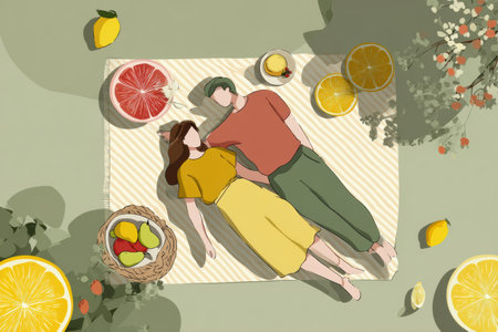 Lovers relax on a picnic blanket surrounded by fresh fruits and beverages on a sunny day, creating a cozy atmosphere perfect for the outdoors.の素材
