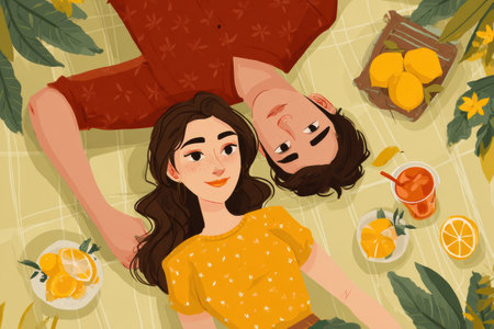 A couple relaxes on a picnic blanket, sharing refreshing drinks and fresh fruits while enjoying each others company in a serene outdoor location.の素材