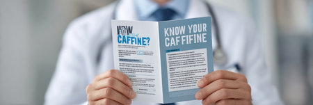 A healthcare professional reviews the Know Your Caffeine pamphlet to raise awareness about caffeine consumption.の素材