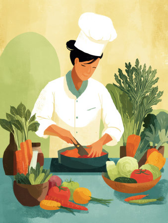 A chef skillfully chops vibrant vegetables in a welcoming cooking class environment, surrounded by an array of fresh produce and kitchen tools.の素材
