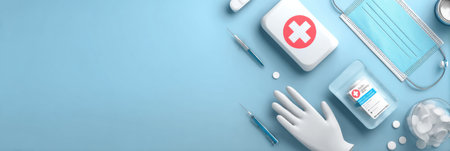 This vibrant safety leaflet mockup showcases a modern healthcare design with essential medical supplies on a calming blue background.の素材