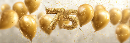 Golden balloons and shimmering confetti create a vibrant backdrop, enhancing the joy of a 75th anniversary celebration.の素材
