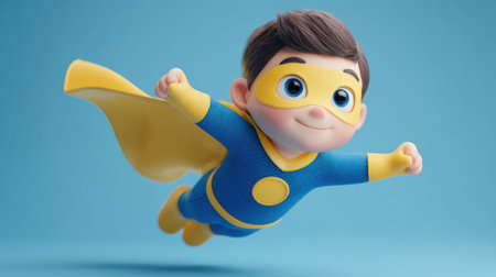 A cheerful cartoon boy superhero in a bright blue and yellow costume joyfully flies, perfect for kids products and entertainment.の素材