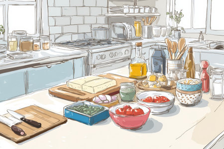 Bright and inviting home kitchen with neatly arranged meal prep ingredients on a clean surface, ready for cooking delicious dishes at any time.の素材