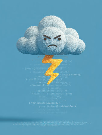 A furious cloud depicts anger with a lightning bolt and floating error code, creating a vivid representation of technology-related frustration.の素材