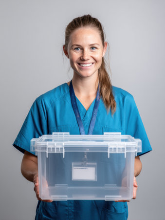 Healthcare worker proudly displays a transparent lockable medication container, emphasizing secure storage solutions in a clinical environment.の素材