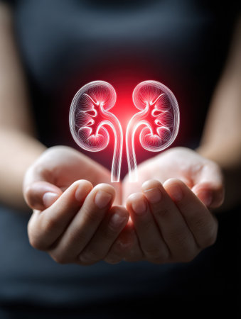 Gentle hands cradle a glowing kidney icon with a heart, representing care for organ health in a calming atmosphere, highlighting the importance of wellness.の素材