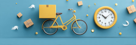 Flat infographic showing average delivery times with a yellow bicycle, clock, and gift boxes against a bright blue backdrop, emphasizing shipping efficiency.の素材
