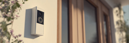 3D render showcases a smart doorbell camera positioned at the entrance, capturing a package delivery in bright daylight while flowers adorn the wall.の素材