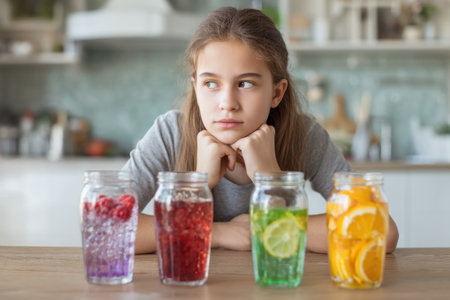 Teenager sits at a wooden table in a bright kitchen, contemplating choices between colorful jars of soda and refreshing fruit-infused water.の素材