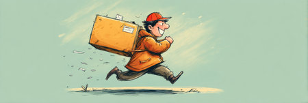 A cartoon courier runs energetically with a large delivery box on his back, depicting a lively moment under a clear, light sky in a whimsical environment.の素材