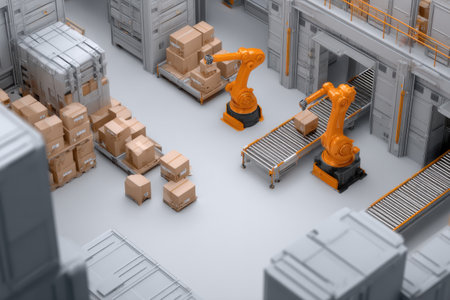 In a minimalistic warehouse, robotic arms organize cardboard boxes on conveyor belts, showing advanced sorting technology in action.の素材