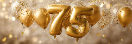 Golden 75-shaped balloons shine amid confetti, setting a joyful scene for a milestone celebration or birthday party.の素材
