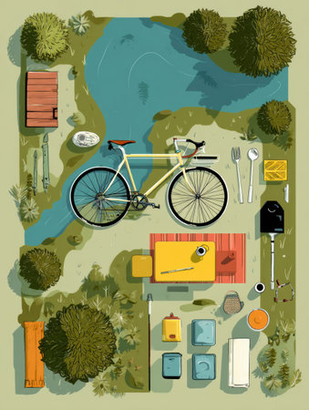 Enjoy a relaxing bike trail picnic with a bicycle, comfy blanket, and picnic supplies nestled amidst greenery near a tranquil water source, inviting adventure.の素材