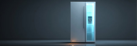 A three-dimensional render showcases a frosty glass door refrigerator featuring subtle glow effects, perfectly complementing a minimalistic kitchen ambiance.の素材